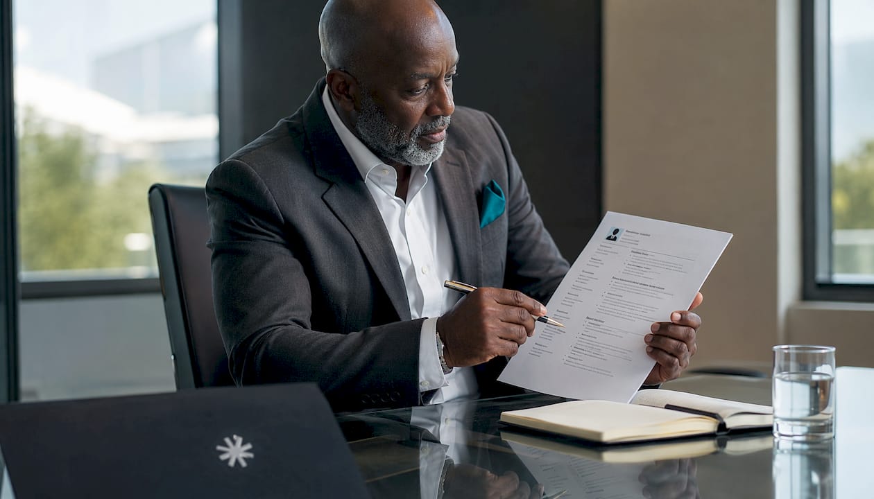 Hands pointing at transferable skills on resume