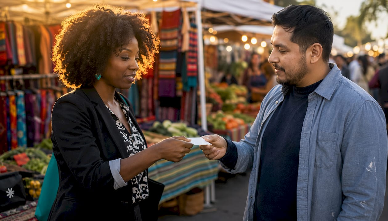 Hands exchanging business cards in city