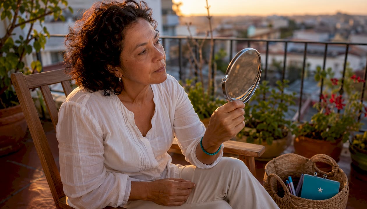 Woman reflecting confidence on park bench