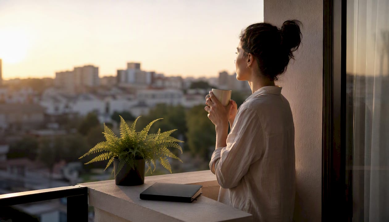 Person holding coffee, reflecting before social media post