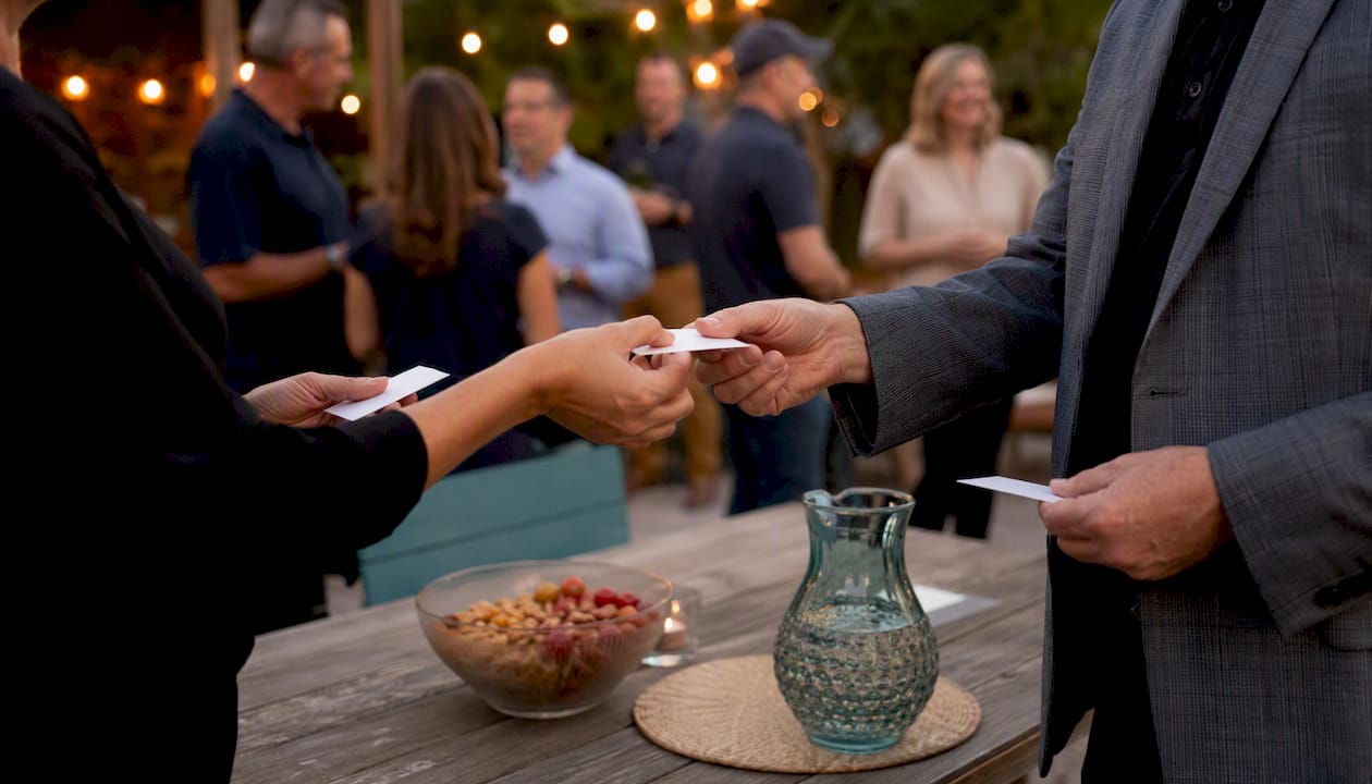 Hands exchanging nametags at networking event