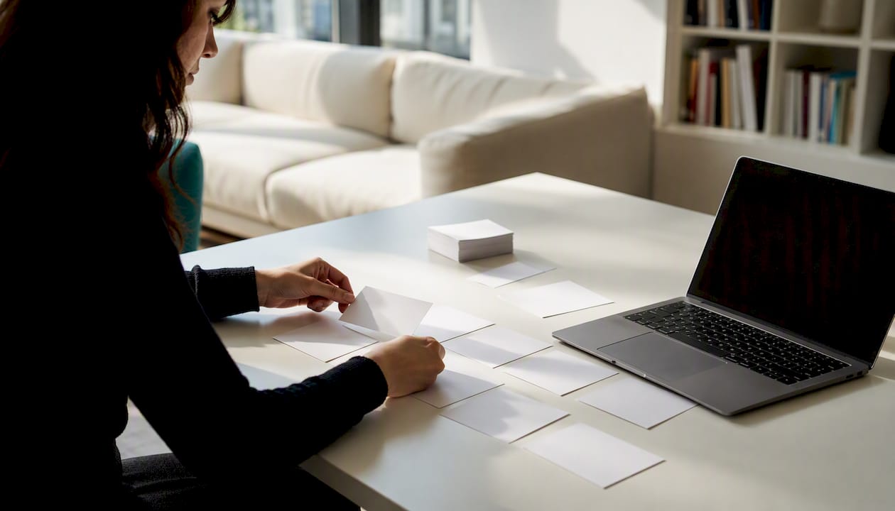 Hands organizing notecards for STAR interview stories