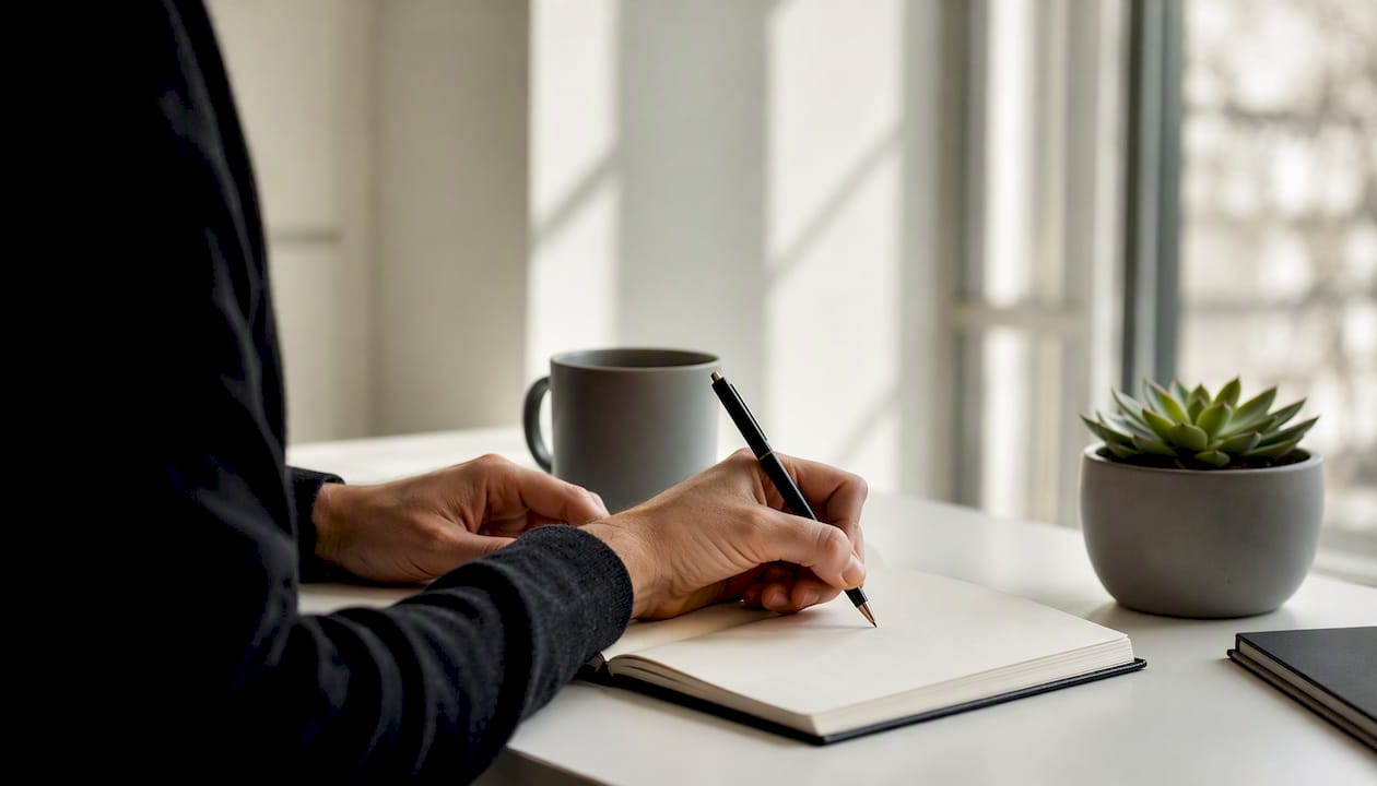 Hands preparing career resume materials on black desk