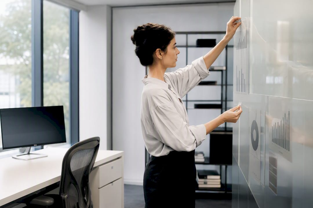 Healthcare analytics workspace with hands adjusting data