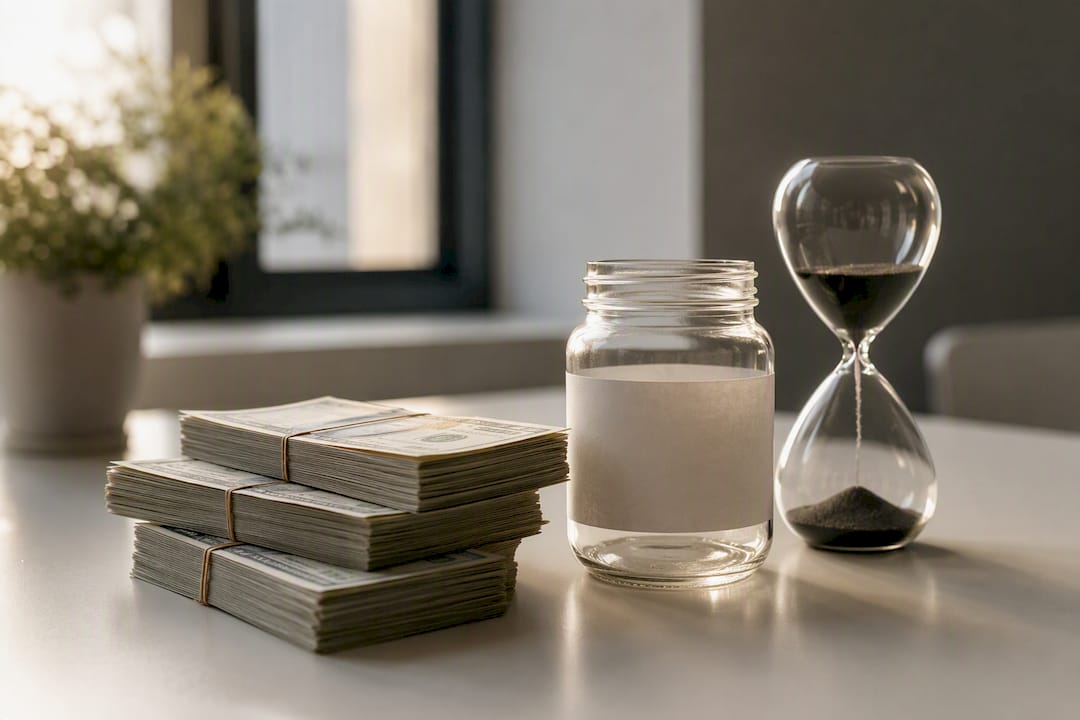 Stack of cash, hourglass, and jar symbolizing financial runway