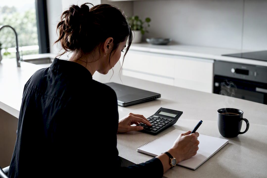 Hands calculating salary figures at clean office table