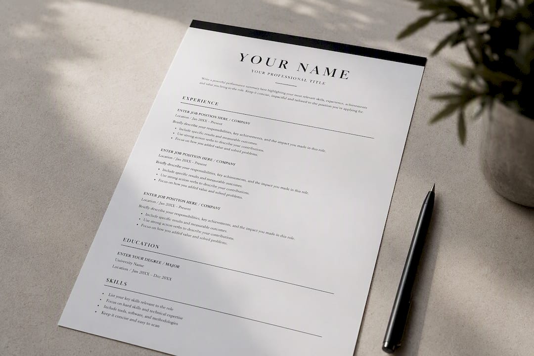 Minimalist single-column resume layout on dark surface