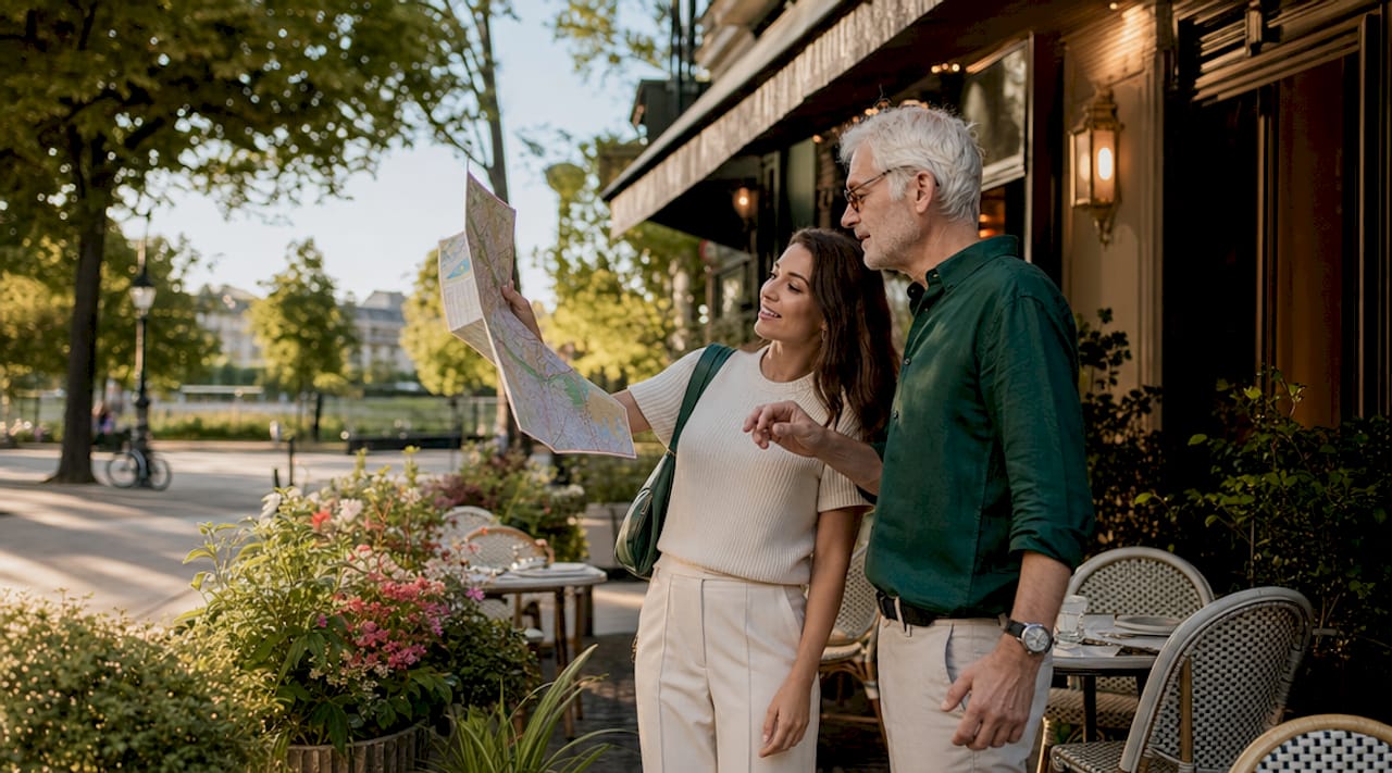 Een groep mensen neemt buiten bij het restaurant de locatie in zich op.