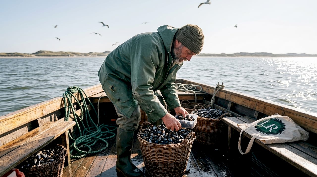 De visser vaart uit om verse mosselen uit de zee te halen.