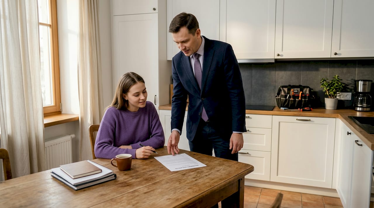 Nuomotojas ir nuomininkas kartu atidžiai nagrinėja nuomos sutarties sąlygas.