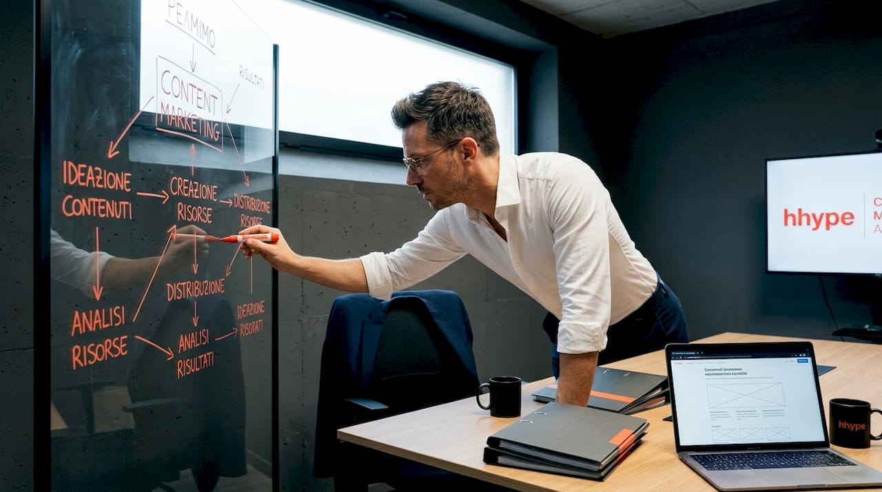 Piattaforme content marketing startup B2B: guida 2026 2 Un uomo sta organizzando una strategia di marketing su una lavagna, tracciando i vari passaggi del workflow.