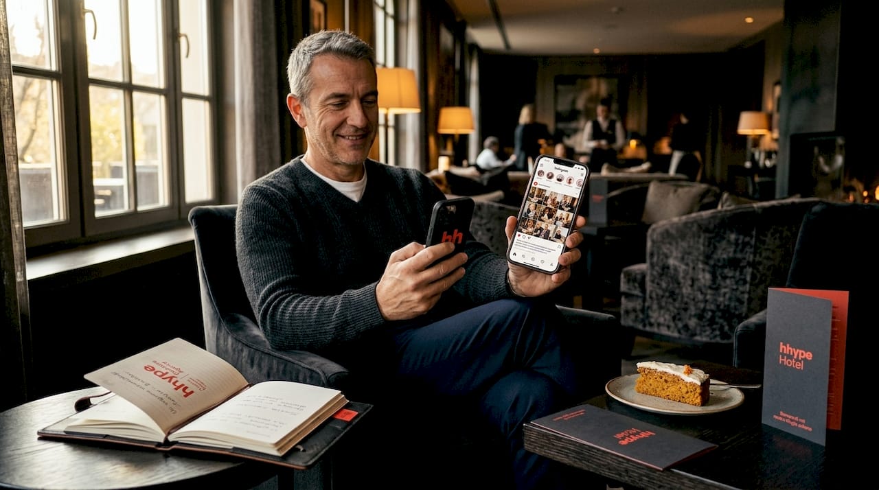 Perché Instagram per strutture ricettive nel 2026 2 Un ospite dell’hotel mostra ai presenti le foto e i video pubblicati su Instagram direttamente dal suo smartphone.