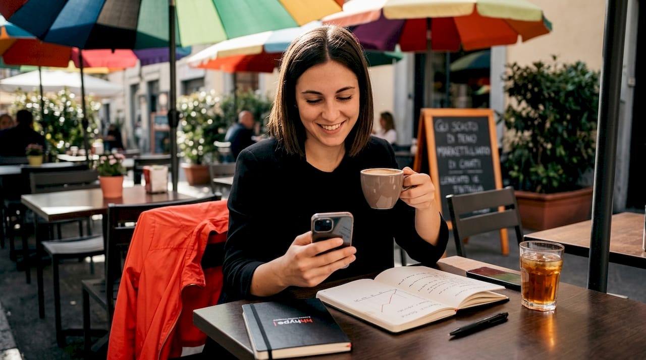 Ruolo del sito web aziendale per le PMI nel 2026 2 Un professionista del marketing monitora le sue campagne sorseggiando un caffè al bar.