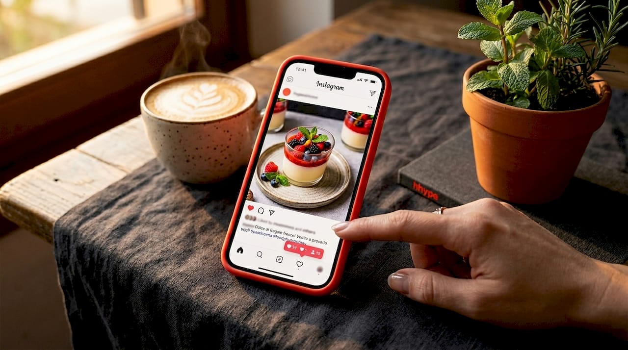 Ruolo delle foto food su Instagram nel 2026 2 Una persona seduta al bar sfoglia foto di piatti gustosi sullo smartphone.