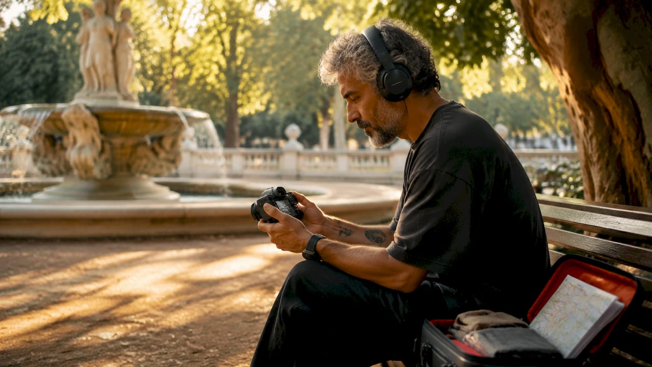 Social media tourism marketing: guida pratica 2026 3 Un turista appassionato di video si ferma all’aperto per riguardare le riprese appena fatte con la sua videocamera.