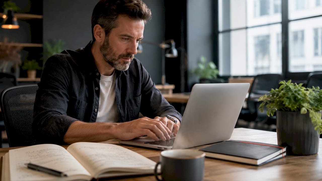 AI marketing PMI Italia: guida pratica 2026 2 Scrivania di un professionista del marketing: mani sulla tastiera del laptop, taccuino aperto e una tazza di caffè accanto.
