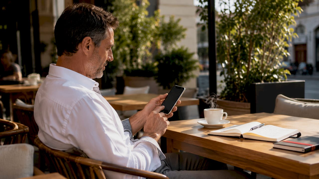 Digital marketing hotel: strategie efficaci per il 2026 2 Un uomo seduto al bar sfoglia il suo smartphone, immerso nell'atmosfera moderna del locale.