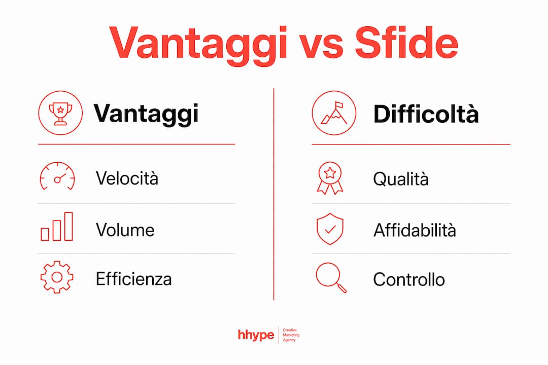 Contenuti generati con AI: guida pratica 2026 3 Infografica: pro e contro dei contenuti generati dall’intelligenza artificiale