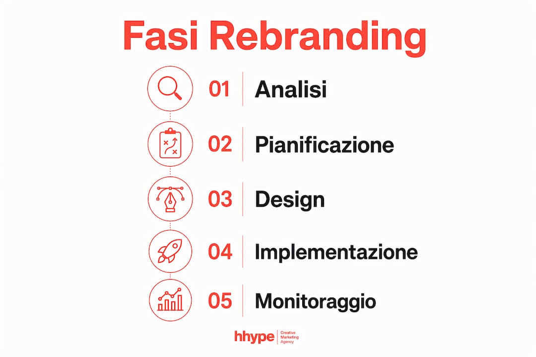 Rebranding aziendale: guida strategica 2026 3 Infografica che illustra le diverse tappe del processo di rebranding aziendale