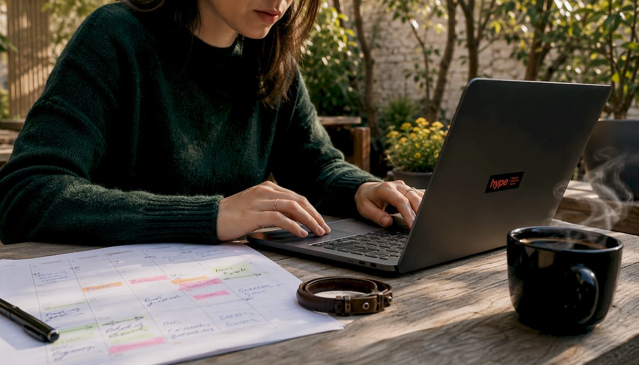 Marketing tour operator: playbook 2026 per l'Europa Centrale 3 Mani che digitano sulla tastiera di un laptop mentre si organizza il calendario delle attività SEO