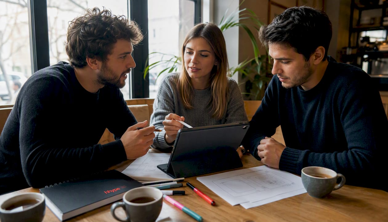 AI content creation per marketer: guida pratica 2026 3 Il team marketing riunito attorno al tavolo della sala coworking per una sessione di brainstorming.