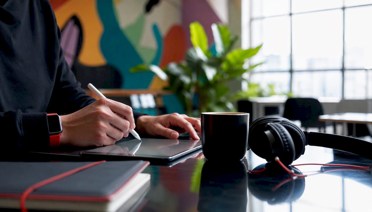 AI content creation per marketer: guida pratica 2026 4 Dettaglio di mani che scrivono su un tablet