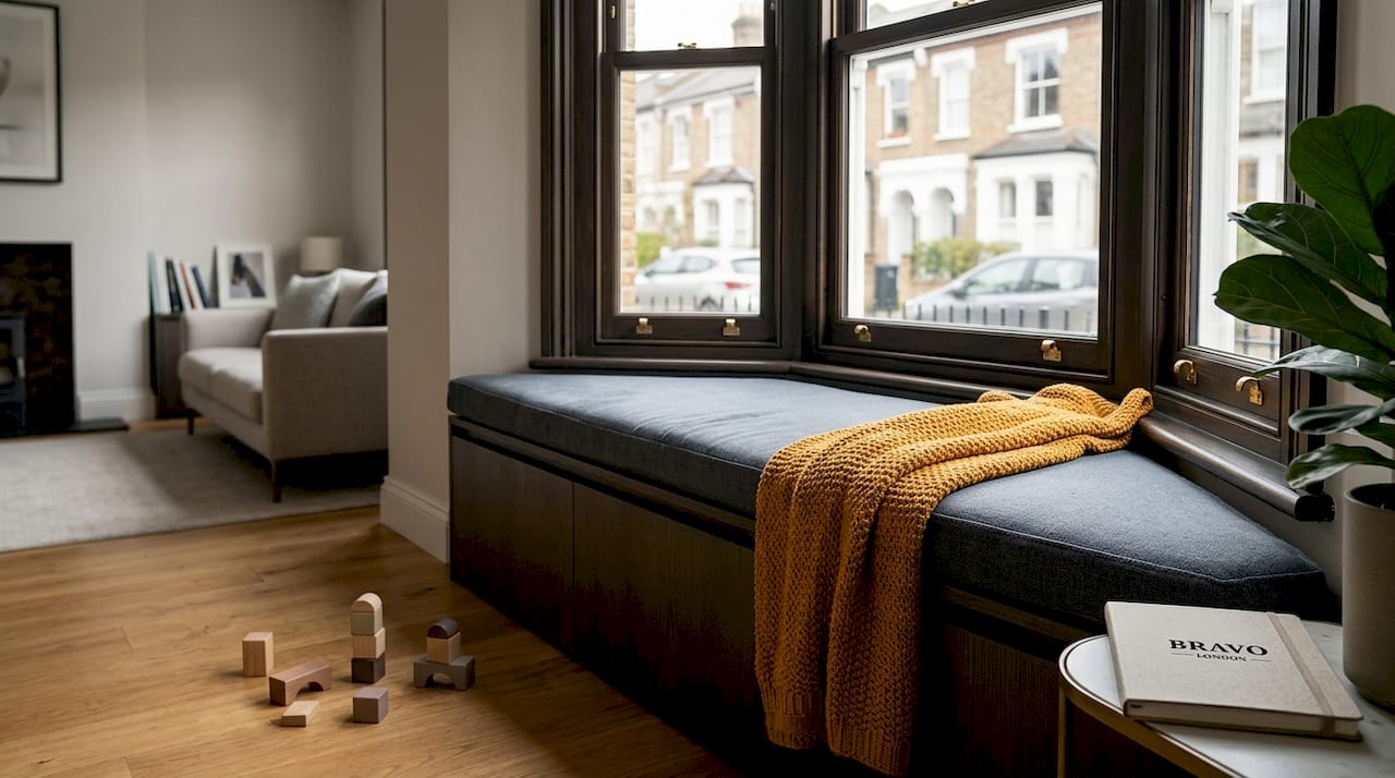 Bay window seat with built-in storage open