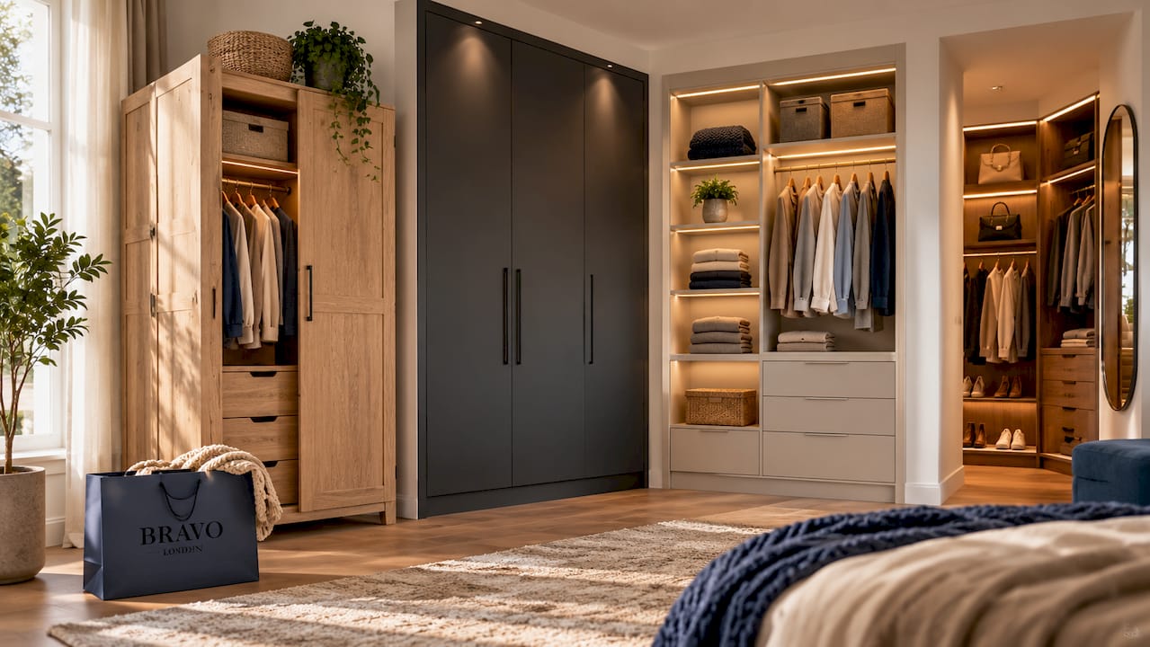 Varied wardrobe types displayed in home bedroom corner