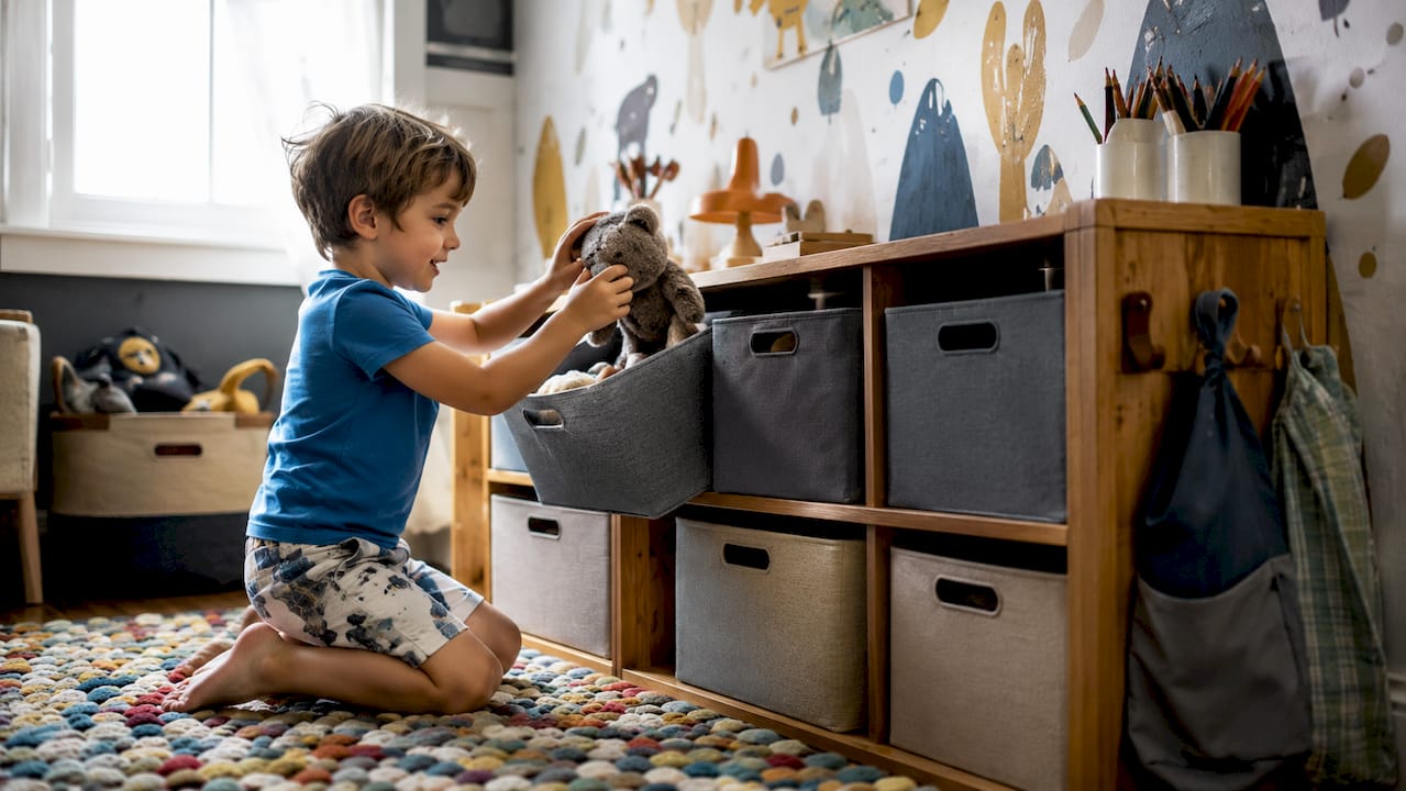 Young child using colorful open storage bins