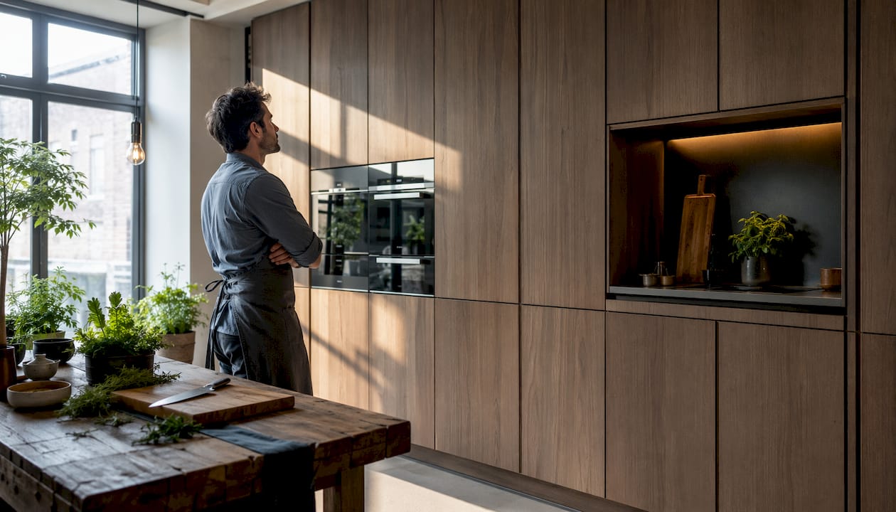 Chef evaluating built-in kitchen cabinetry