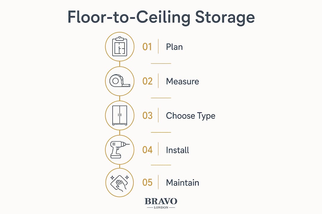 Infographic showing steps for floor-to-ceiling storage installation and care