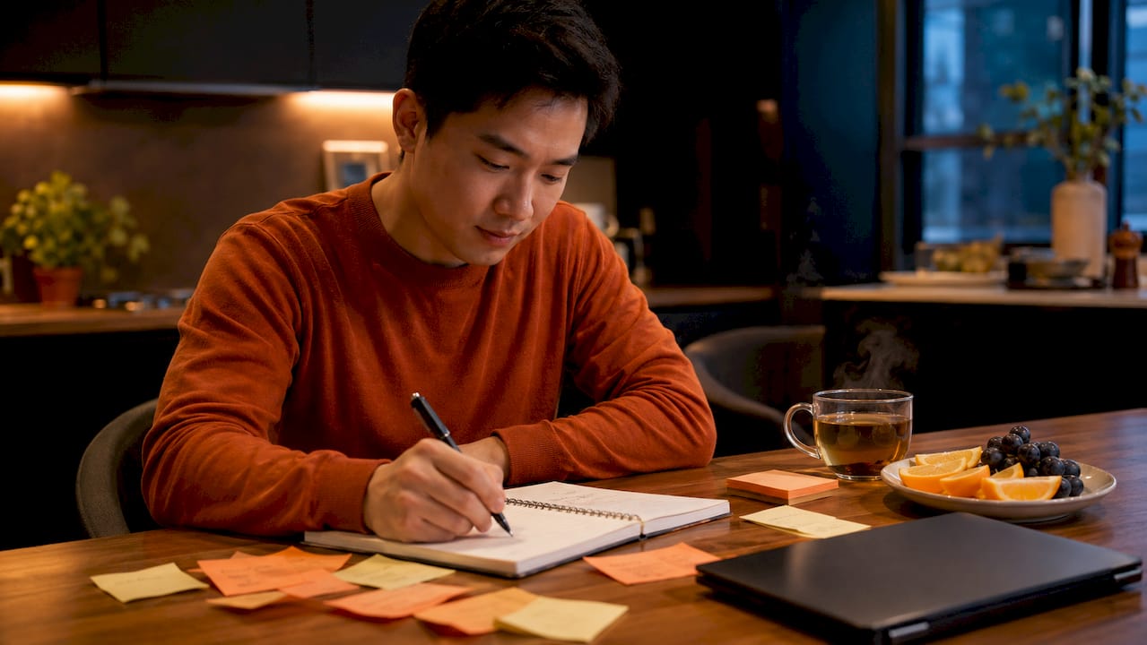 Developer's hands taking business notes in cafe