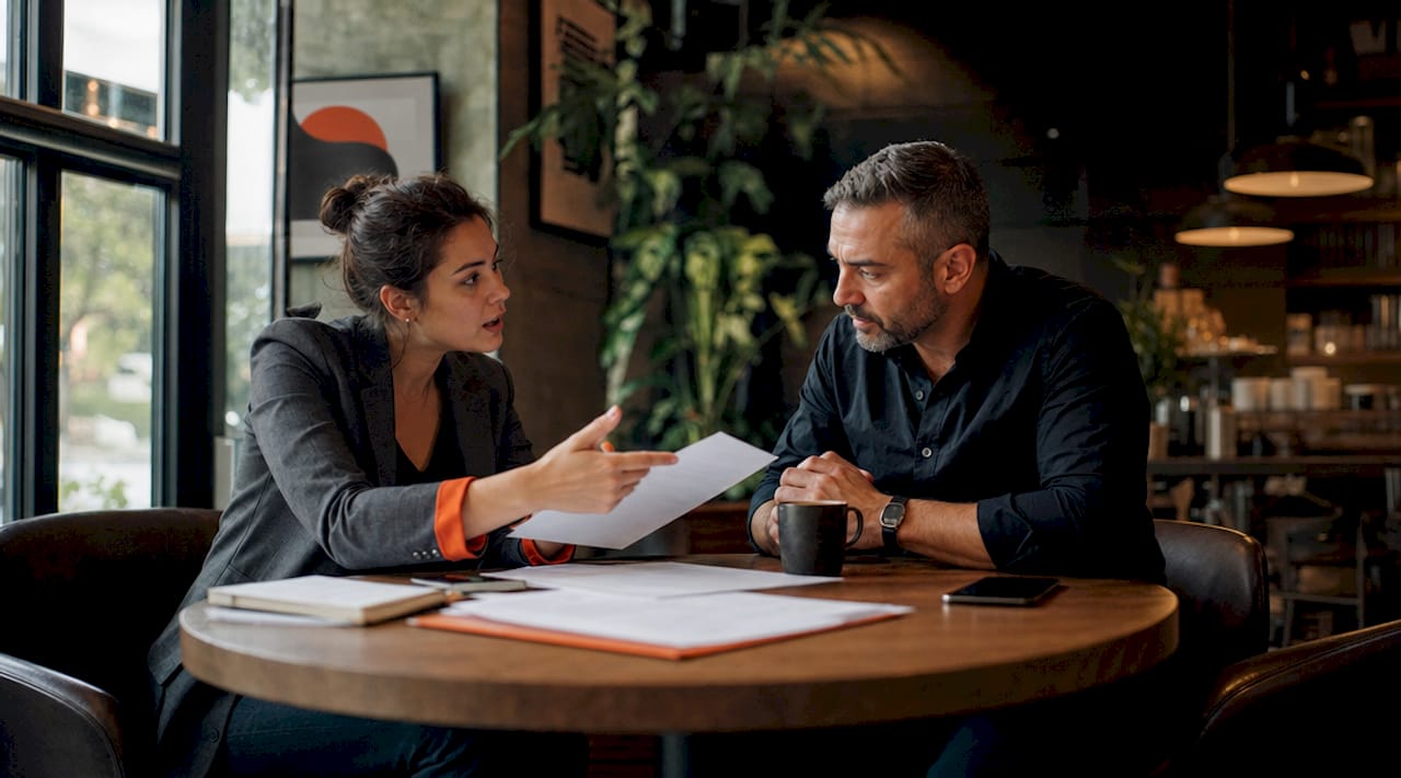 Two professionals discussing NDA types at office table