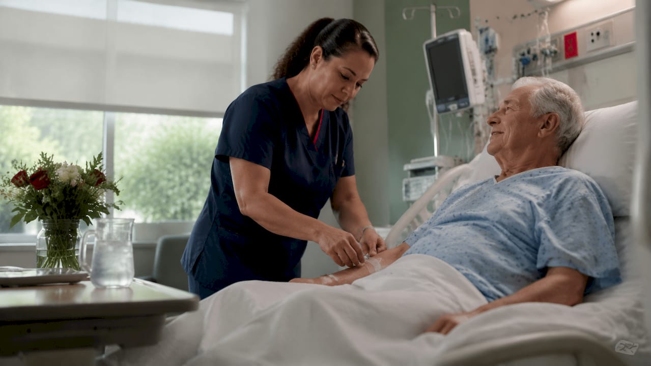 Nurse caring for patient in hospital room
