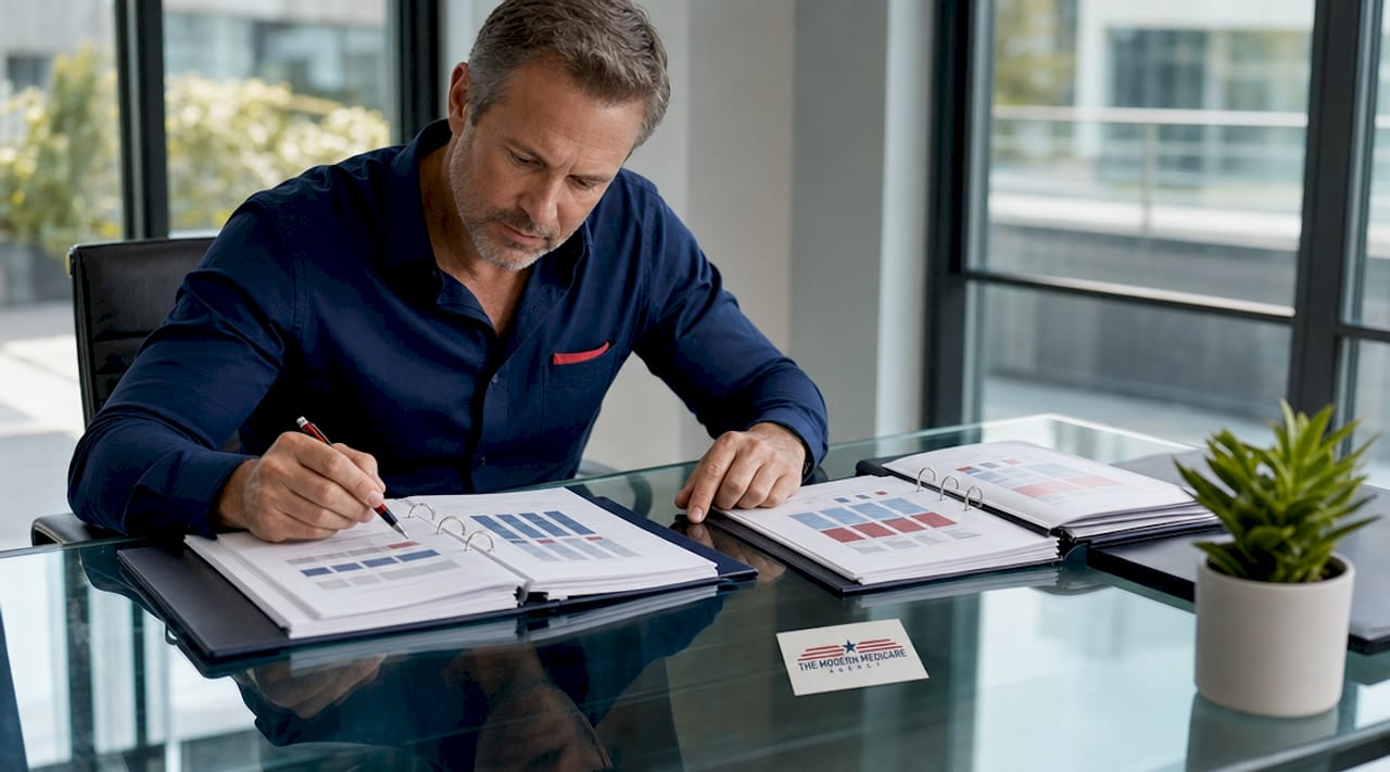 Hands comparing Medicare and employer insurance documents