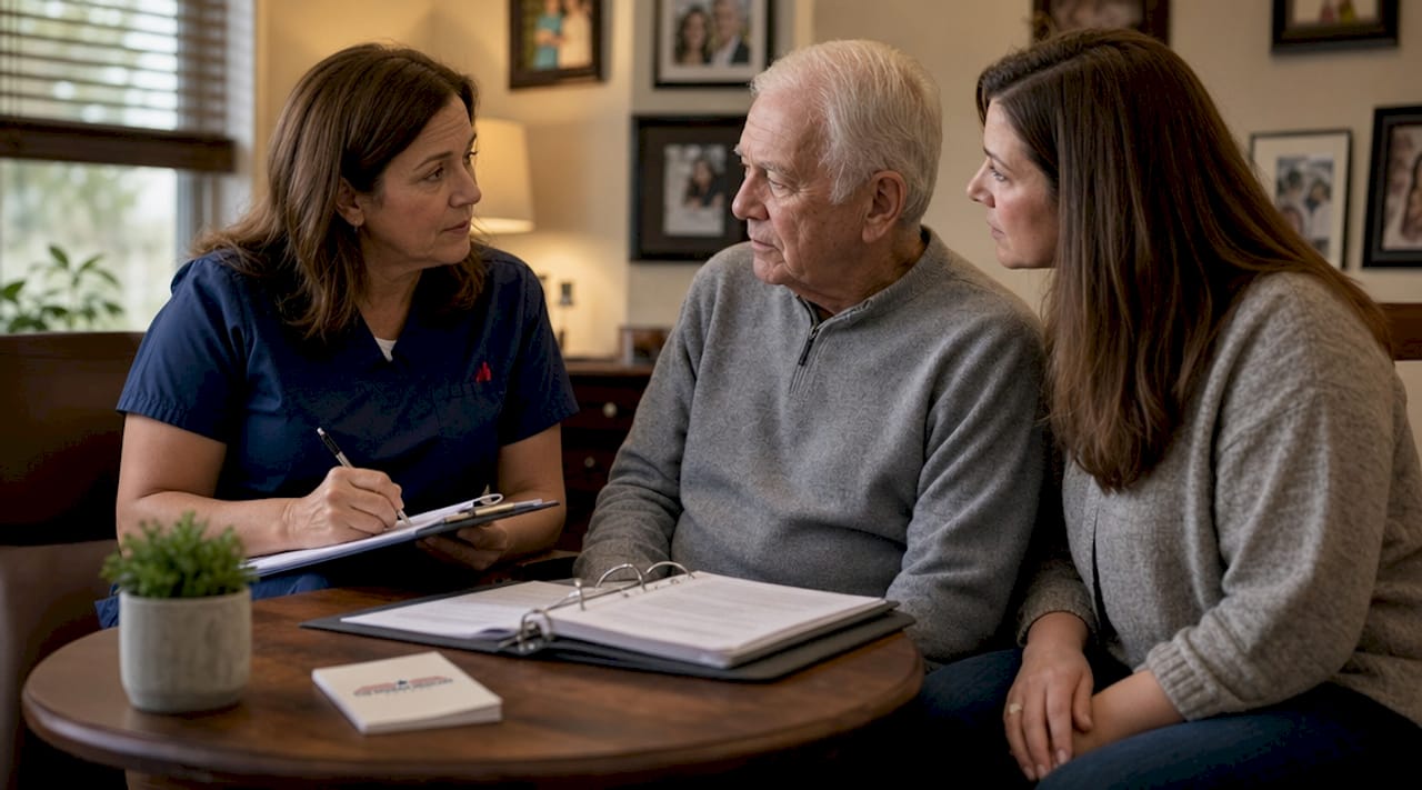 Hospice nurse consulting elderly patient and daughter