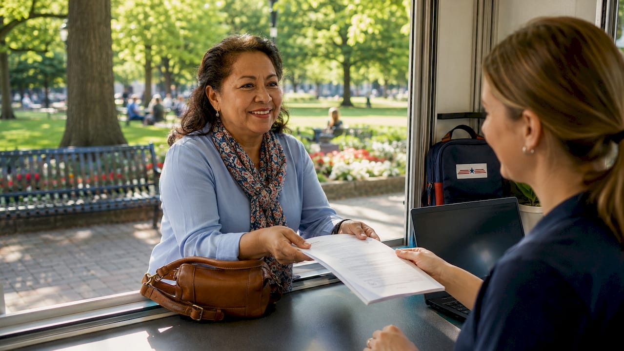 Woman submitting Medicare paperwork at Social Security office