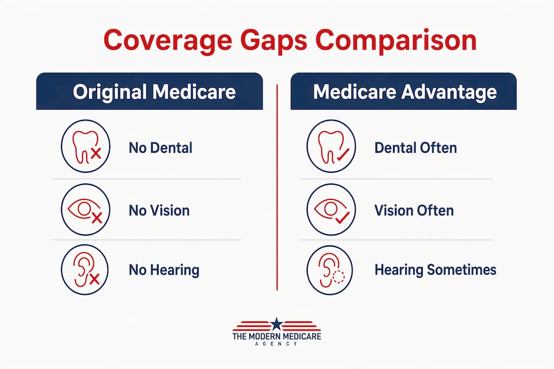 Infographic comparing Original Medicare and Medicare Advantage coverage