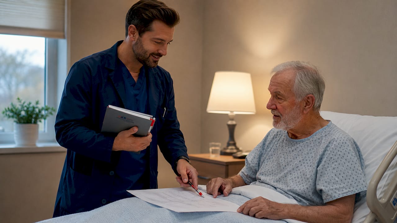 Nurse explaining hospital stay details to elderly patient in hospital room
