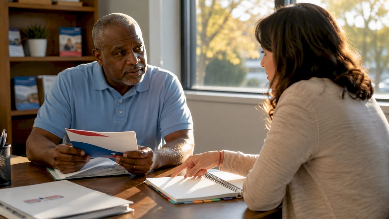 Disabled man discussing financial help with counselor