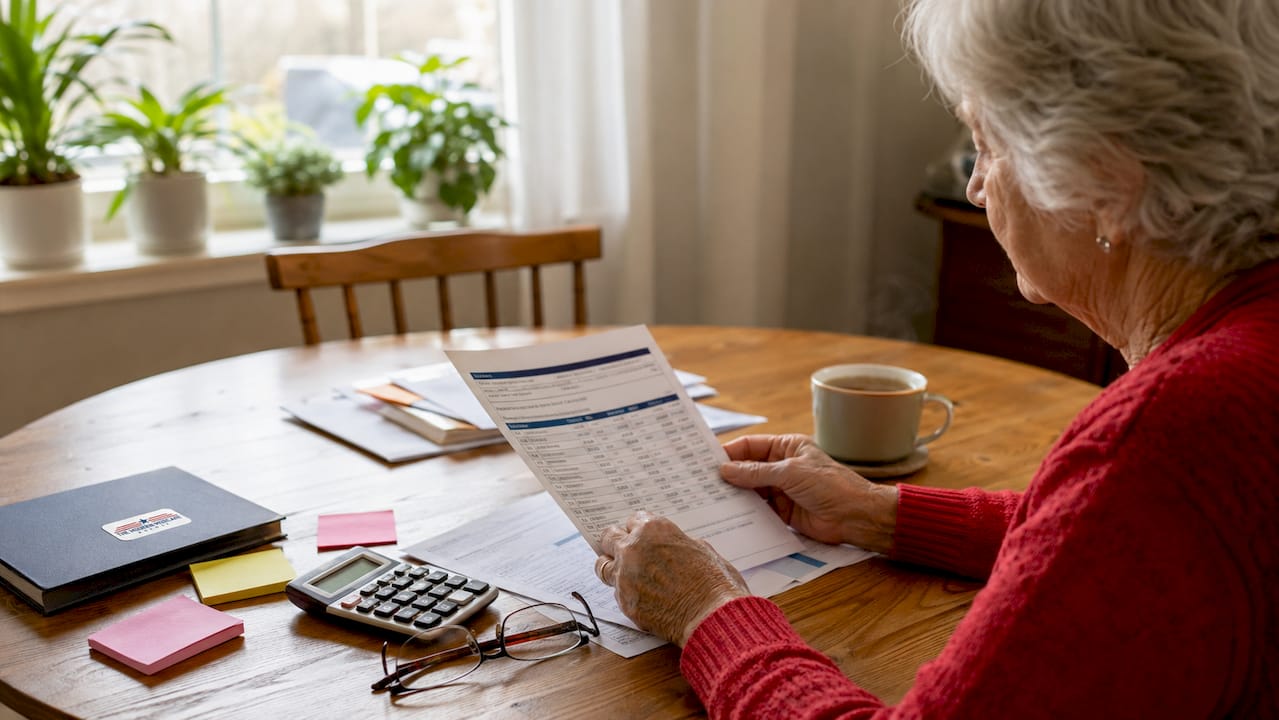 Senior woman calculating Medicare Part D costs at kitchen table