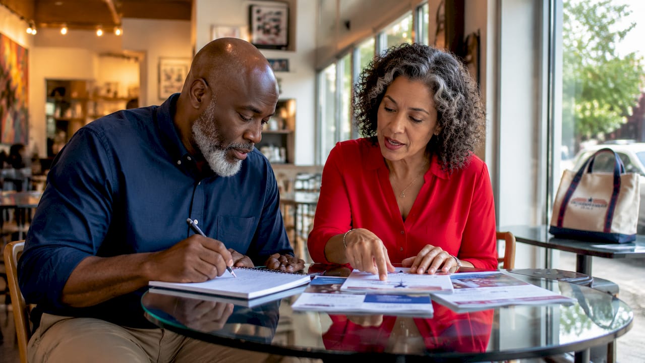 Two adults comparing Medicare Part D plan brochures