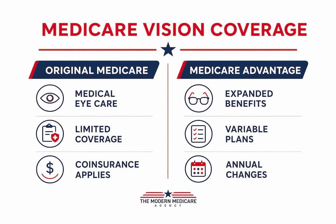 Infographic comparing Original Medicare and Medicare Advantage vision coverage