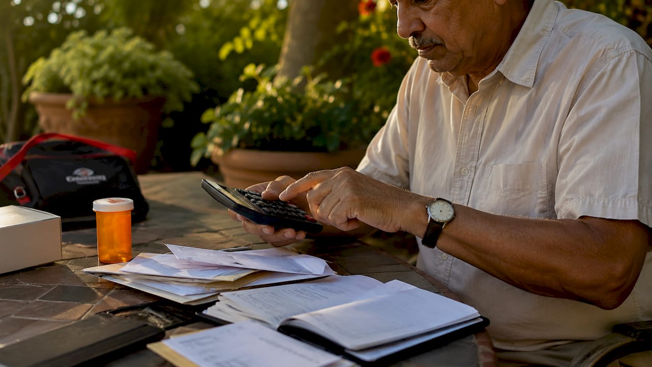 Senior hands calculating drug costs with bills