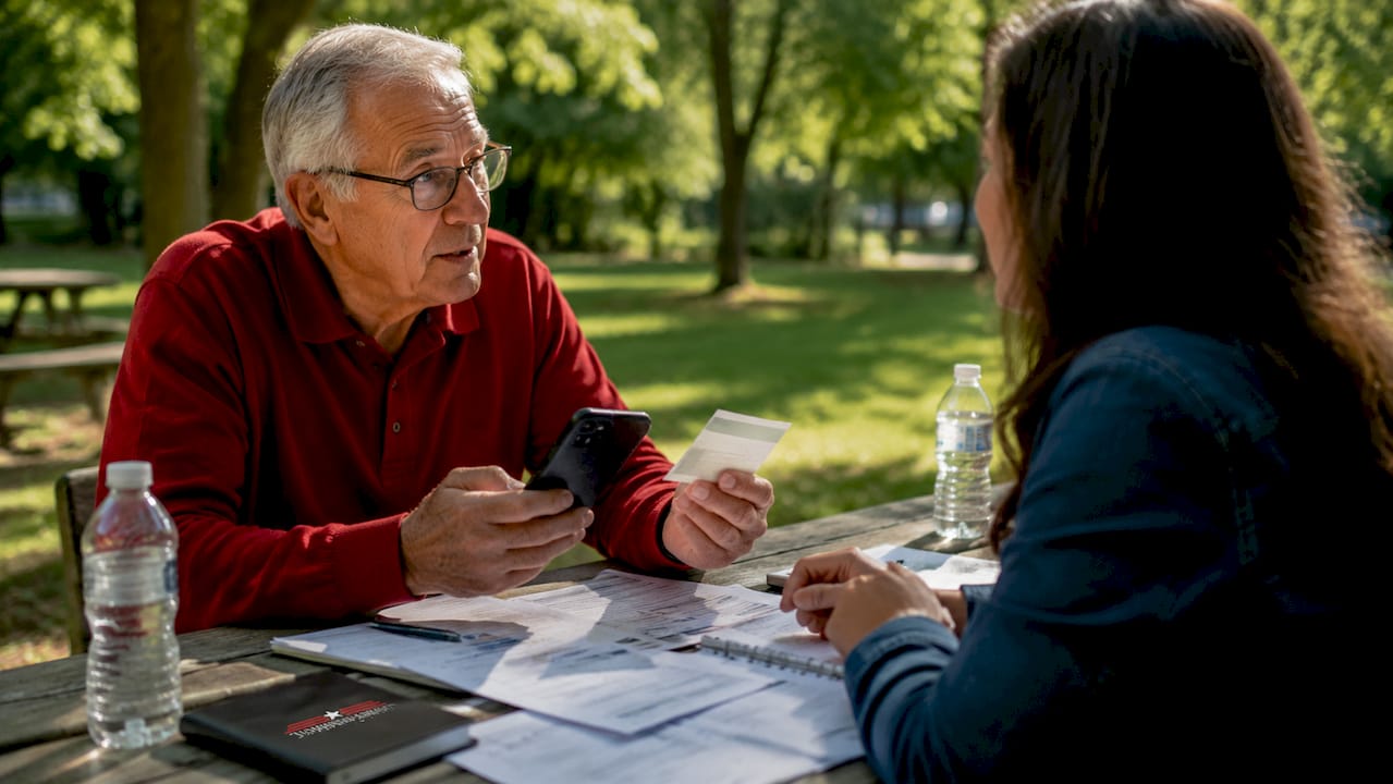 Senior hands holding Medicare card and phone over papers