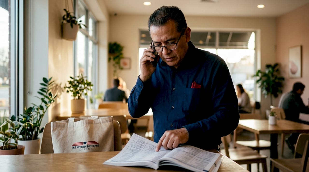 Man verifying provider network by phone and directory
