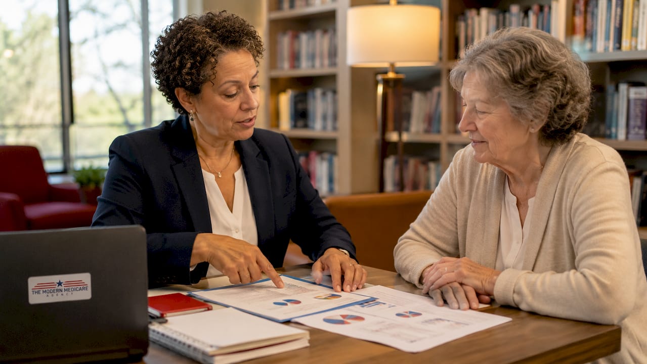 Insurance agent advising senior woman on Medicare