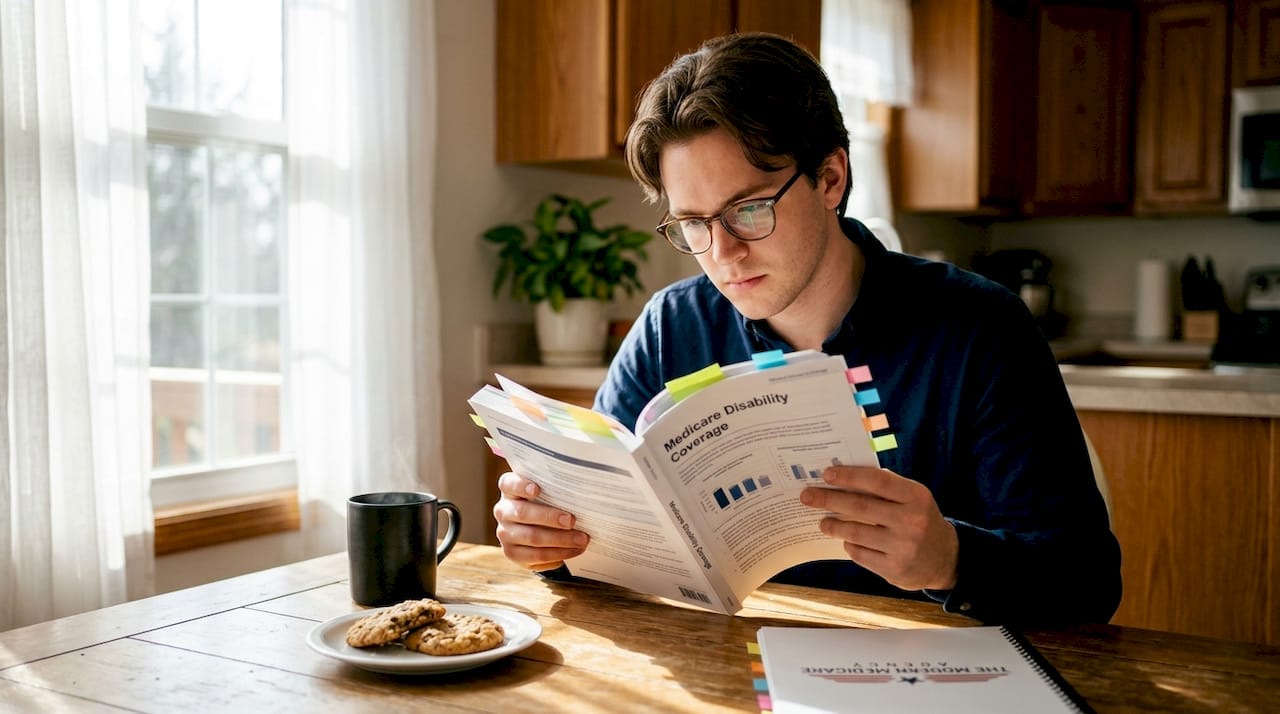 Man studying Medicare disability qualifier booklet at table