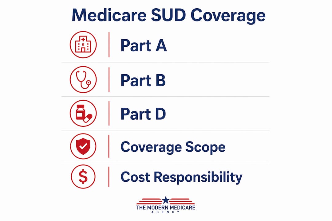 Infographic showing Medicare SUD coverage parts and features