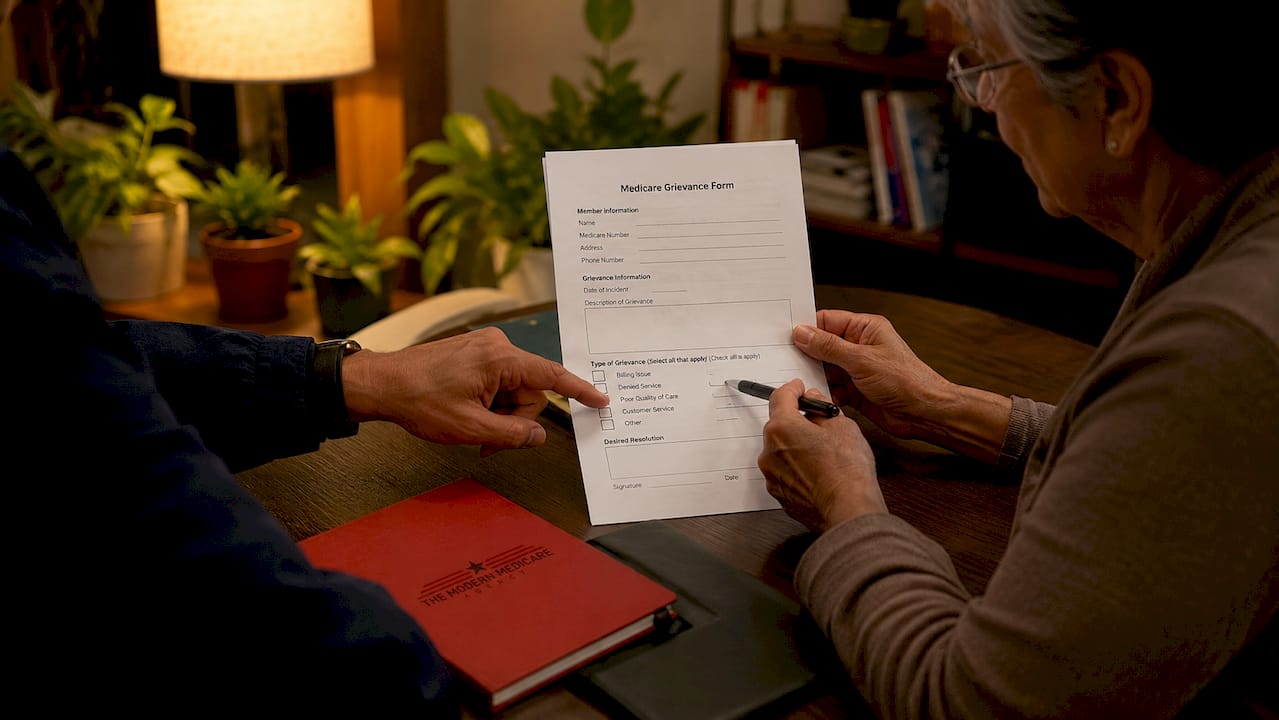 Hands filling Medicare grievance form at desk